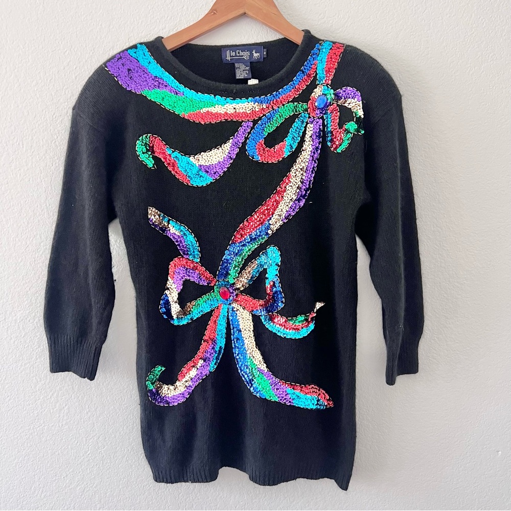 Vintage Le Chois Silk Wool Blend Sequin Beaded Bow Sweater Sz S